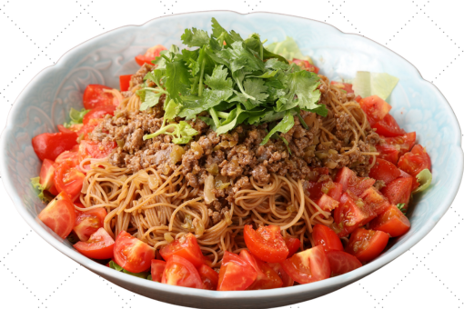 <p>浜松産ミニトマトとビーフンの冷やし四川燃麺</p>